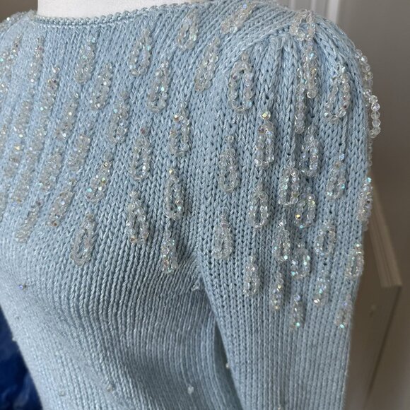 80s VTG Nannell Beaded Puff Sleeve Sweater Size Medium Crystals Icicles Winter - Picture 6 of 10